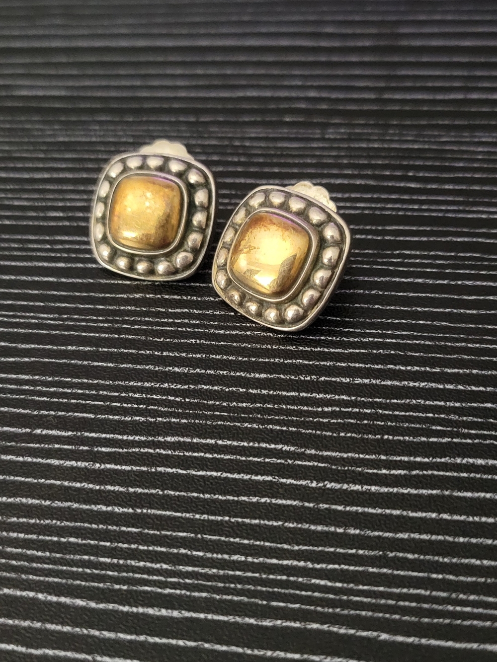 James Avery Retired Sterling Silver And 14K Gold Square Beaded Dome Earrings